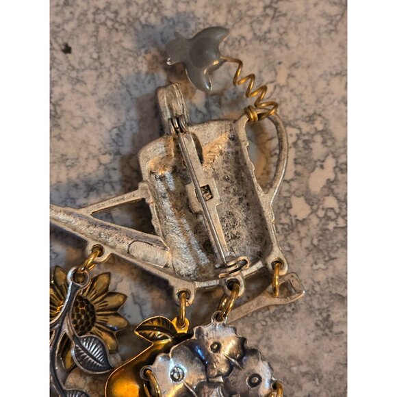 Vintage Silver & Gold Watering Can Brooch Crystals & Charms - Picture 4 of 6